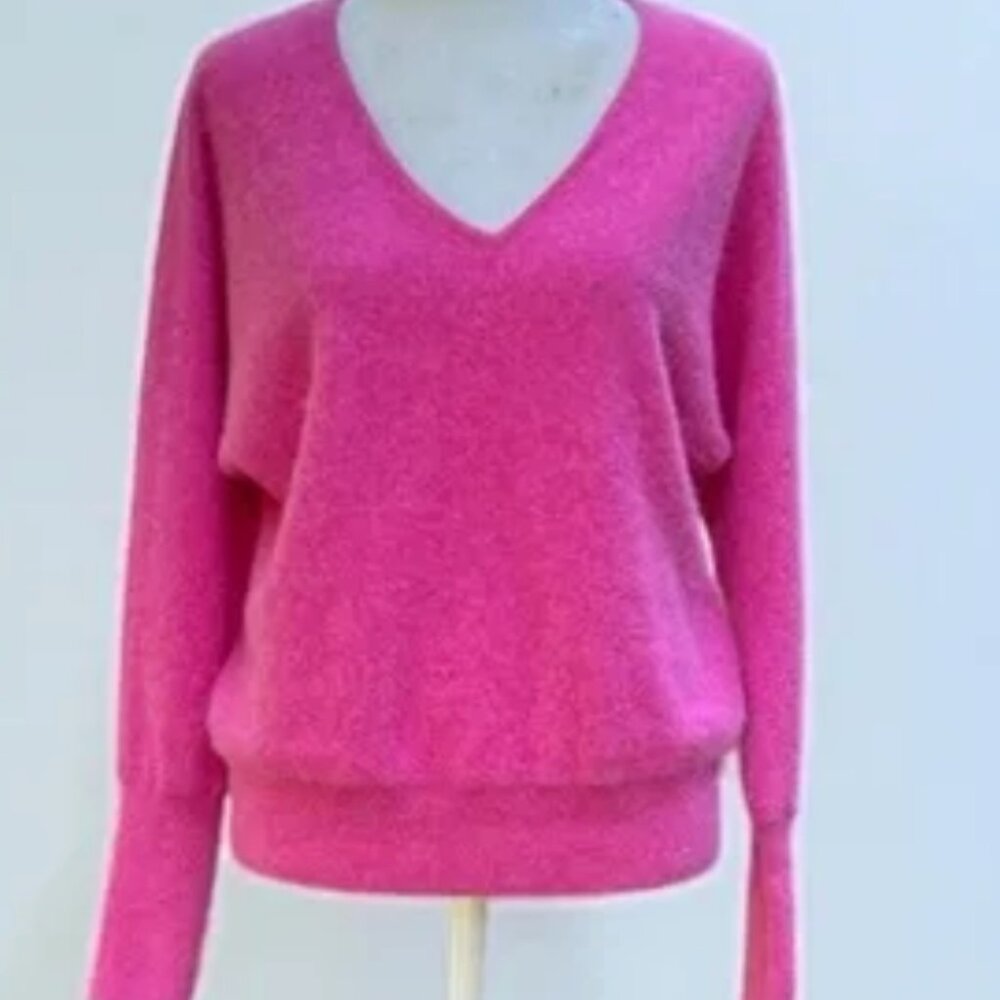 Tahari 100% 2 Ply Cashmere V-neck Sweater Magenta Pink Size XL